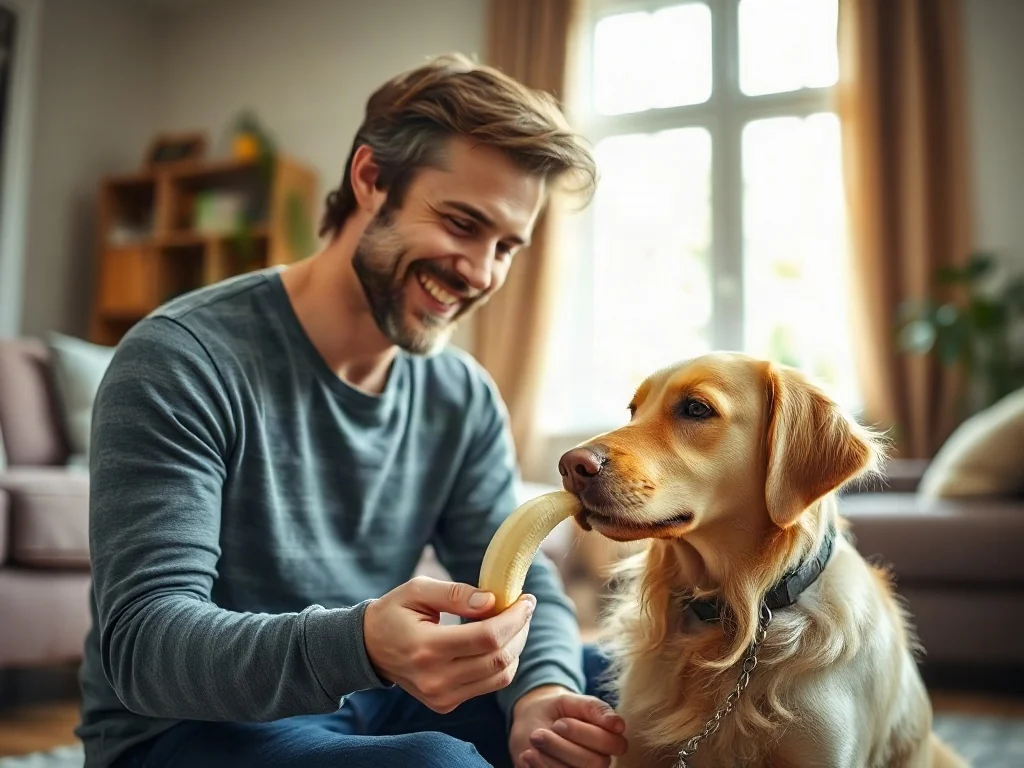 Uśmiechnięty mężczyzna karmi złotego retrievera kawałkiem banana w przytulnym salonie.