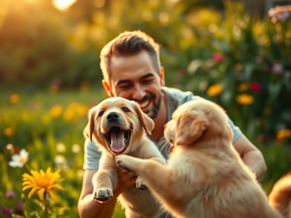 Szczęśliwy mężczyzna bawi się ze szczeniakiem golden retrievera w słonecznym ogrodzie.