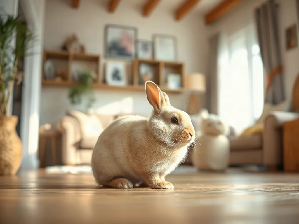 Puszysty królik miniaturka siedzący na drewnianej podłodze w przytulnym, słonecznym salonie.