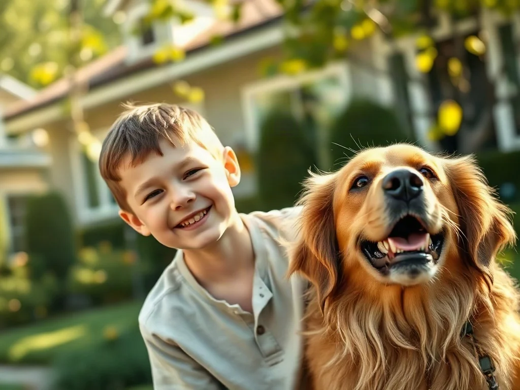Chłopiec bawiący się z przyjaznym golden retrieverem w słonecznym ogrodzie, ilustrujący relację psa z dzieckiem.
