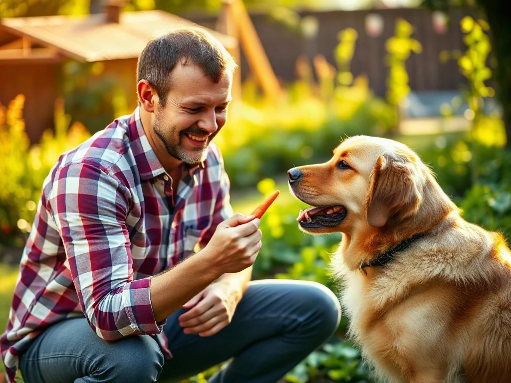 Mężczyzna karmiący golden retrievera kawałkiem świeżej marchewki w przydomowym ogrodzie.