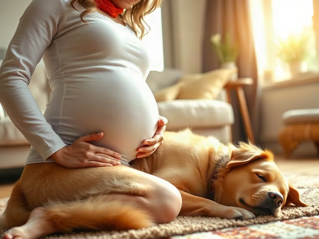 Ciężarna kobieta głaszcze brzuch leżącego na dywanie golden retrievera w przytulnym salonie.
