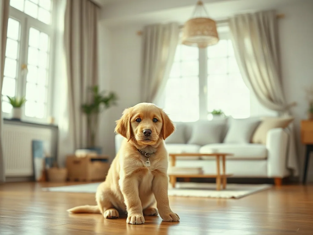 Kobieta trenuje szczeniaka golden retrievera w jasnym salonie, ucząc go posłuszeństwa w domowych warunkach.