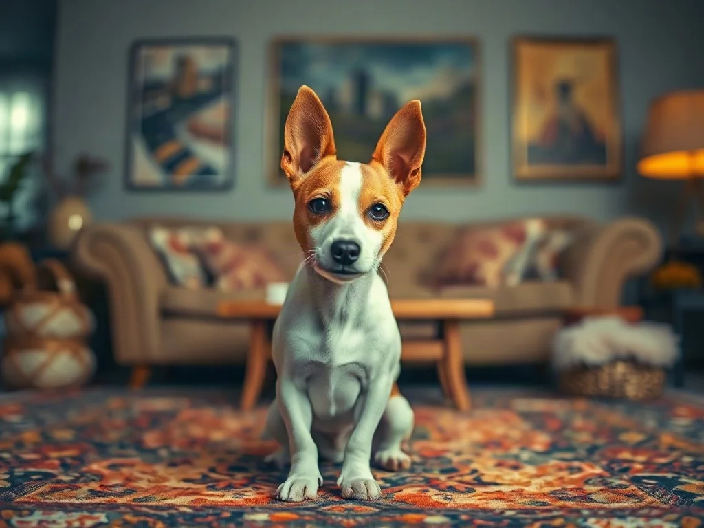 Jack Russell Terrier siedzący na kolorowym dywanie w przytulnym salonie. Pies w stylu filmowym o ciepłej tonacji.